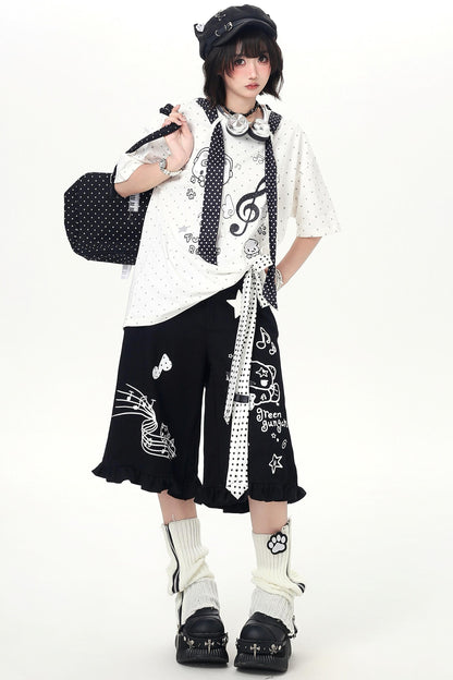 Cat Print Dot Tie Collar Loose T-shirt