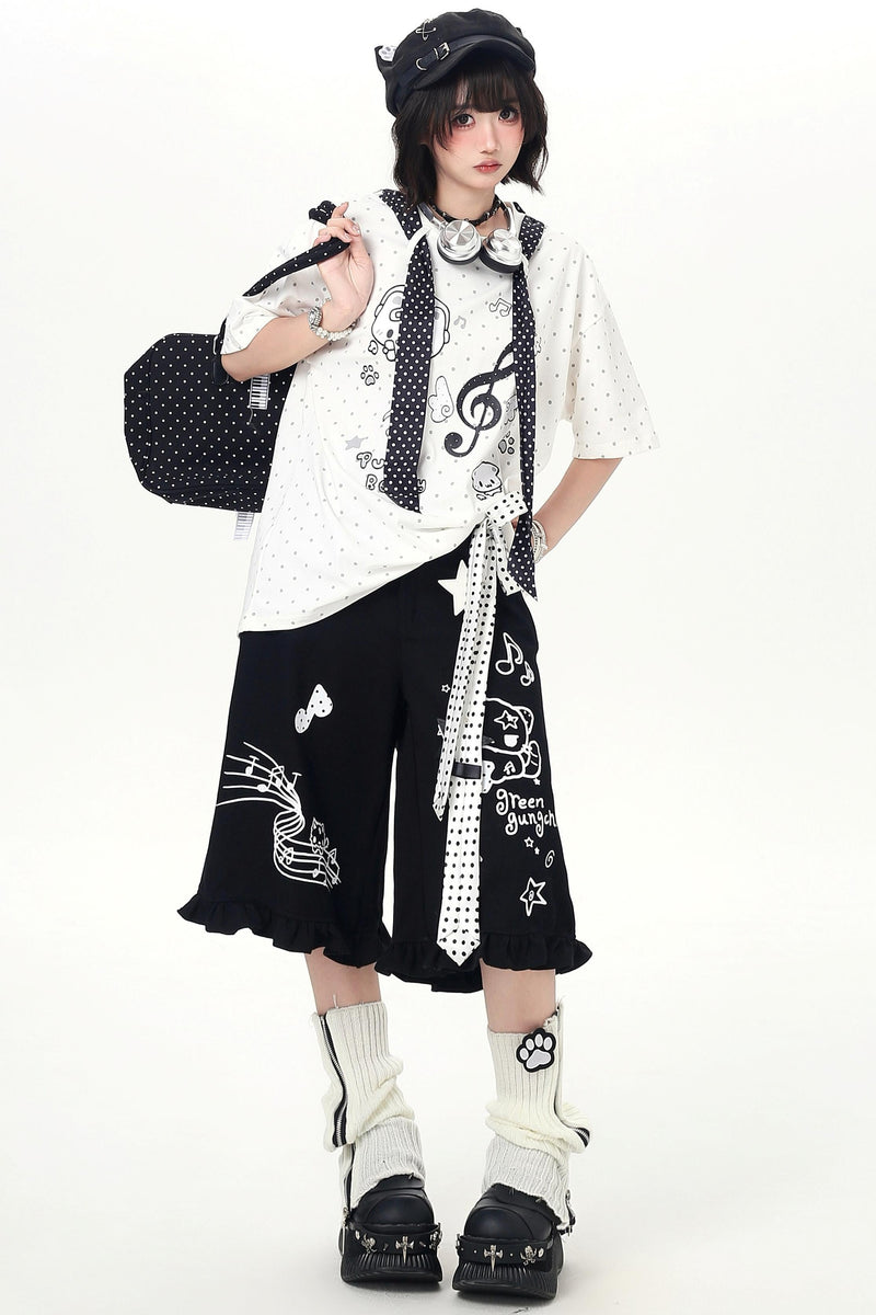 Cat Print Dot Tie Collar Loose T-shirt