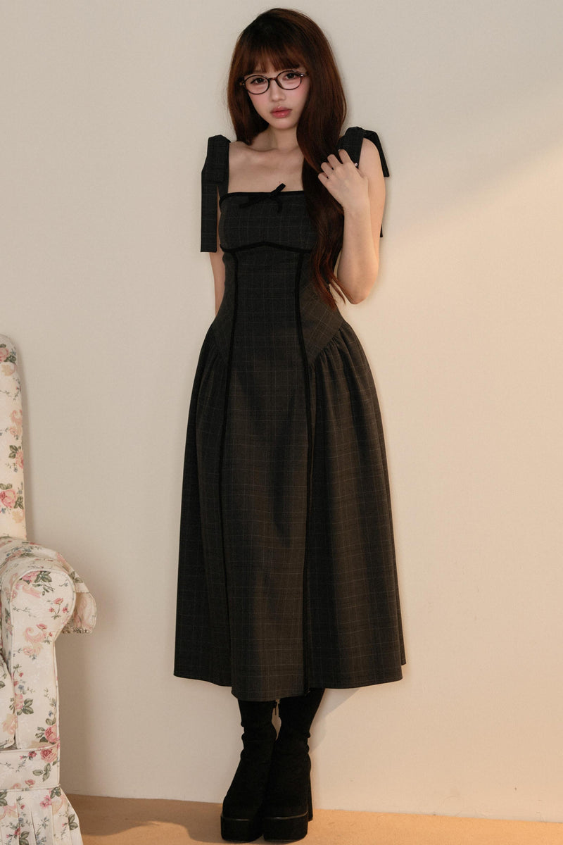 Black Top + Ribbon Shoulder Plaid Jsk Dress Set
