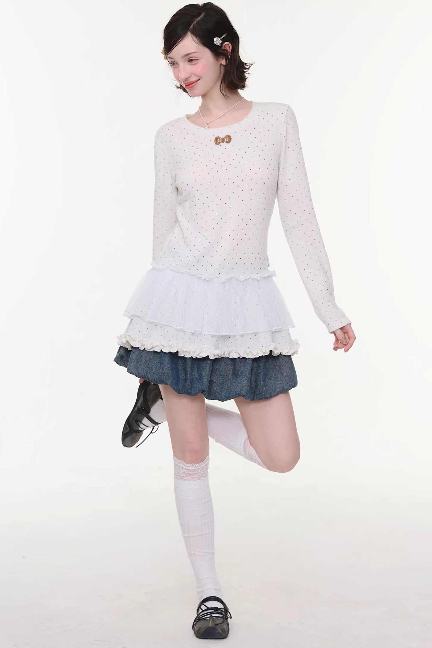 Lace Pleated Dot Top