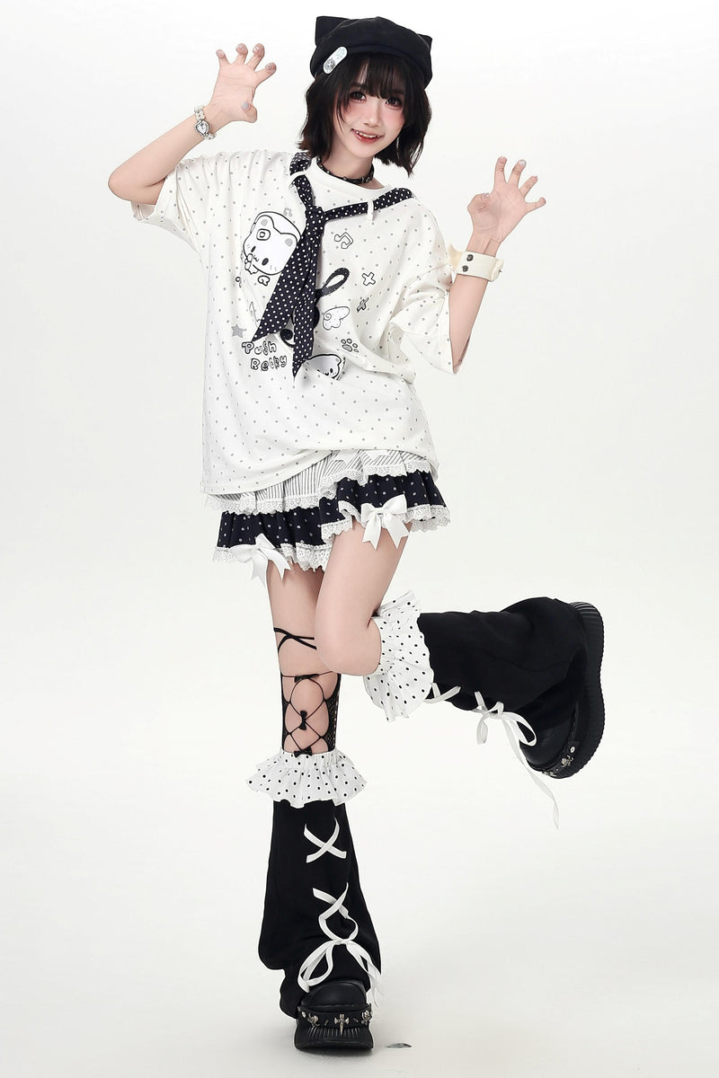 Cat Print Dot Tie Collar Loose T-shirt