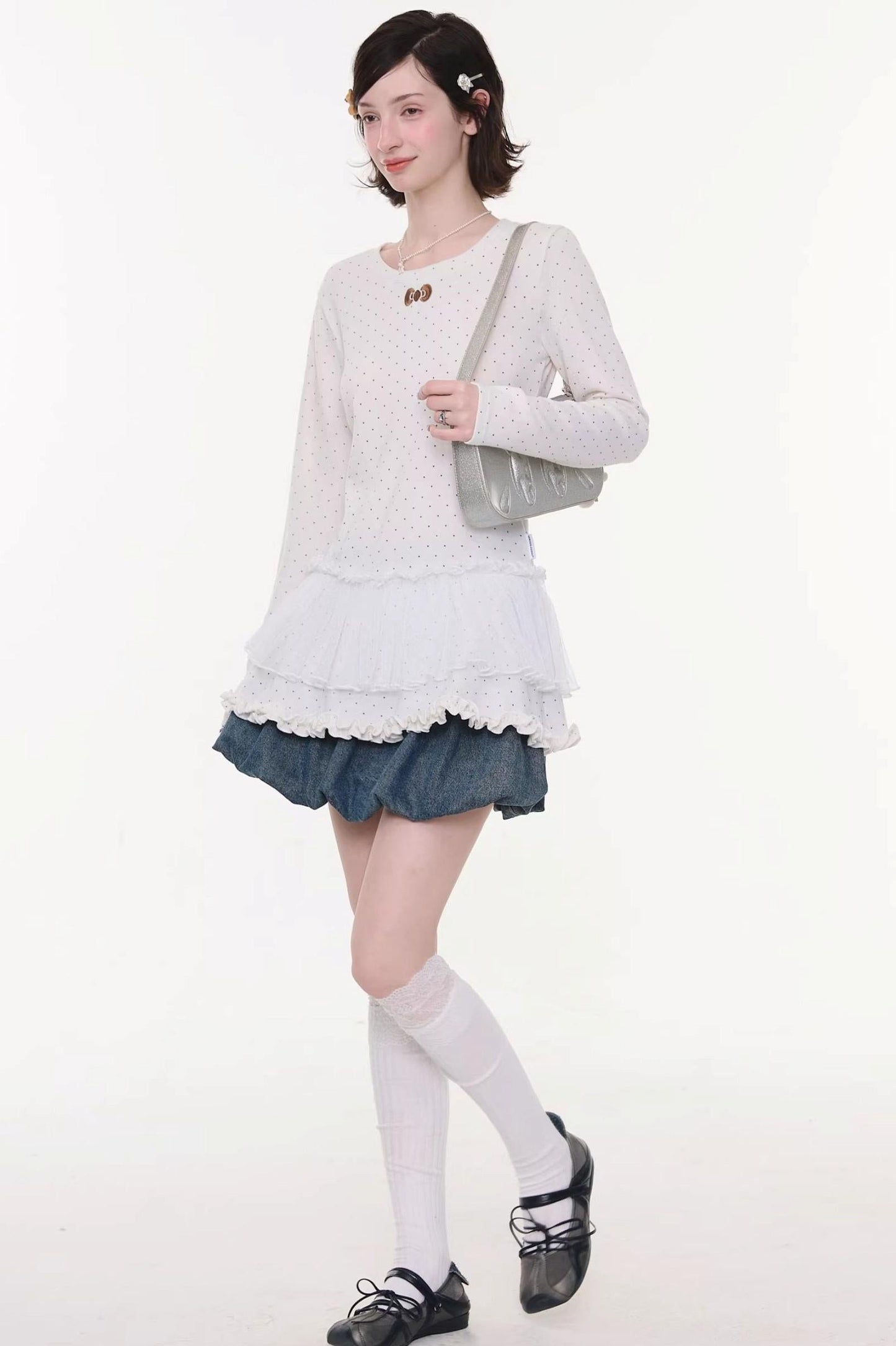 Lace Pleated Dot Top