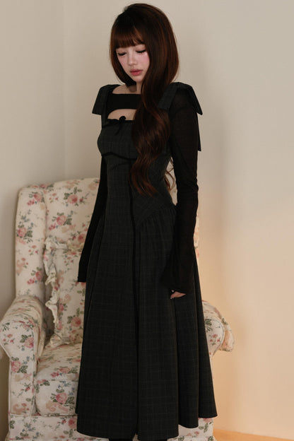 Black Top + Ribbon Shoulder Plaid Jsk Dress Set