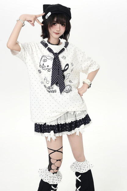 Cat Print Dot Tie Collar Loose T-shirt