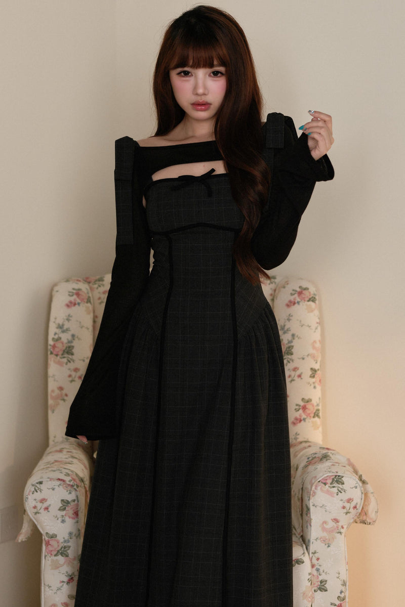 Black Top + Ribbon Shoulder Plaid Jsk Dress Set