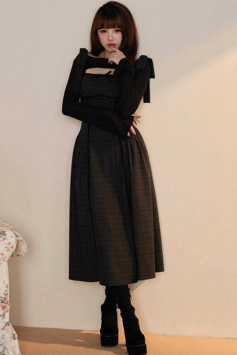Black Top + Ribbon Shoulder Plaid Jsk Dress Set