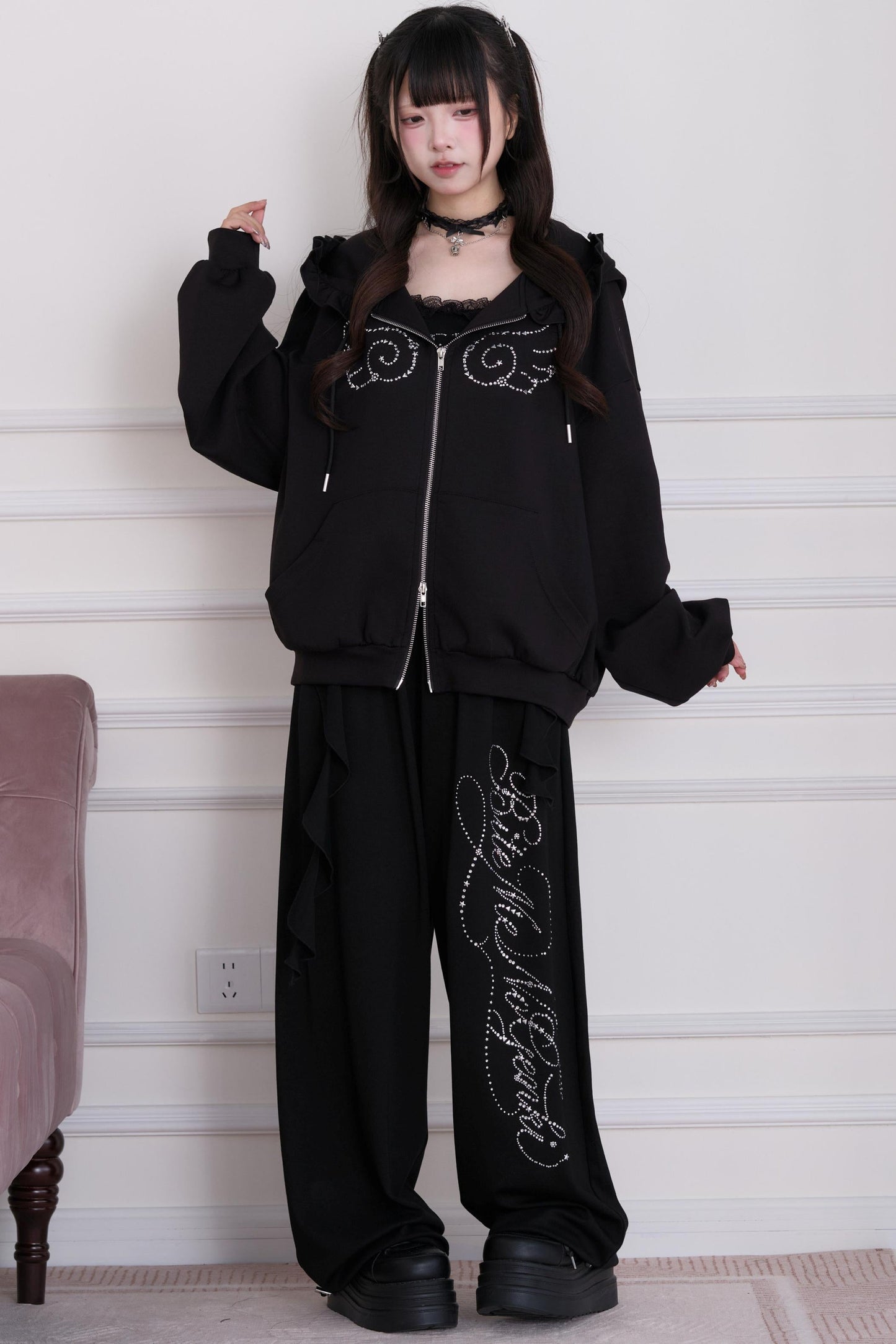 Lace Subculture Hooded Sweatshirt + Camisole + Shorts + Long Pants