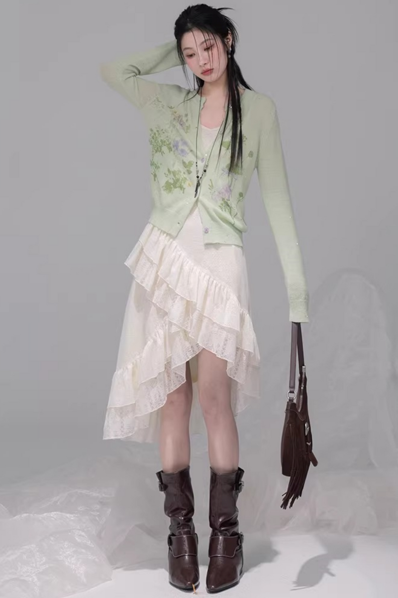 Asymmetrical Layered Ruffle Camisole Dress + Cardigan