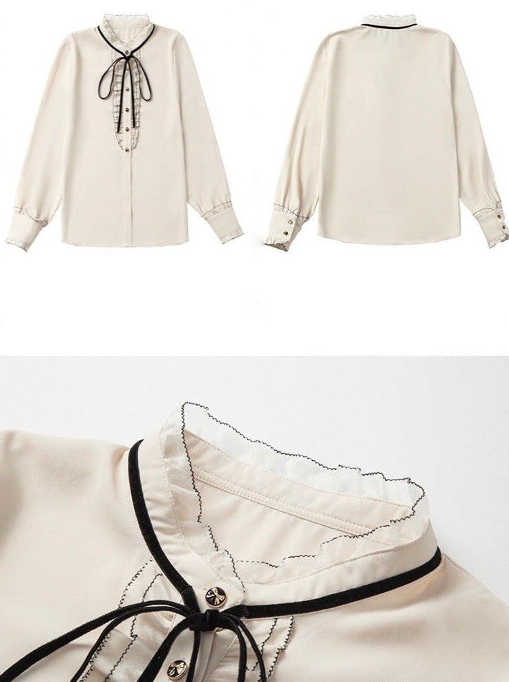 Lace Ruffle Bow Blouse + Jacquard Skirt