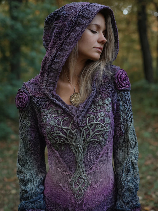 Vintage Purple Roses Tree Of Life Gradient Cozy Hooded Sweater elevenforest