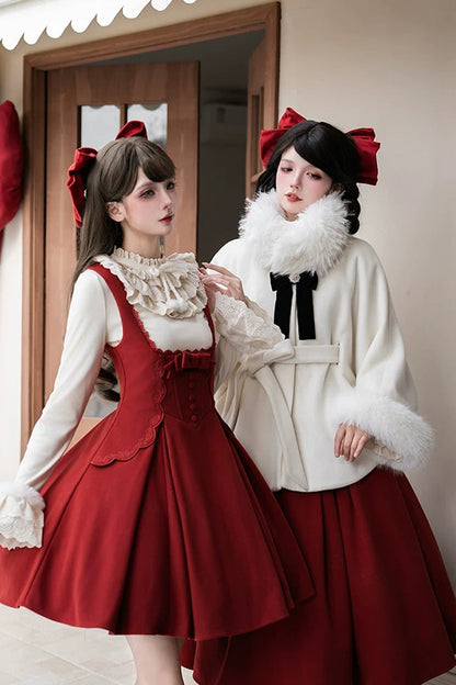 Red [letters and Poems · Velvet Rose] Sleeveless Embroidered Bow Fishbone Classic Lolita Bandeau Dress 2 Versions