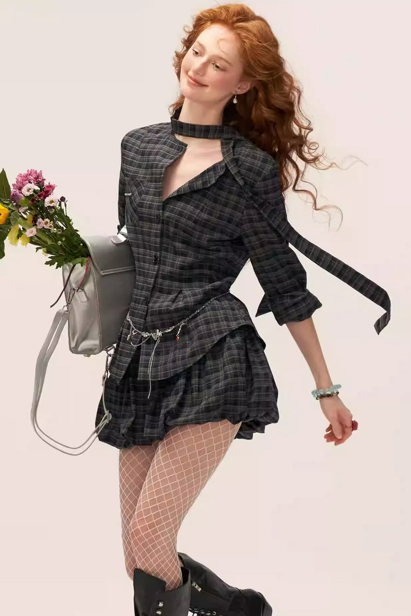 Plaid Lace-up Top + Skirt