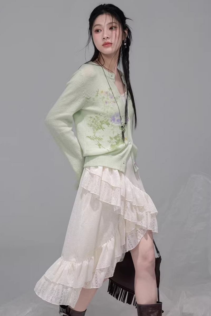 Asymmetrical Layered Ruffle Camisole Dress + Cardigan