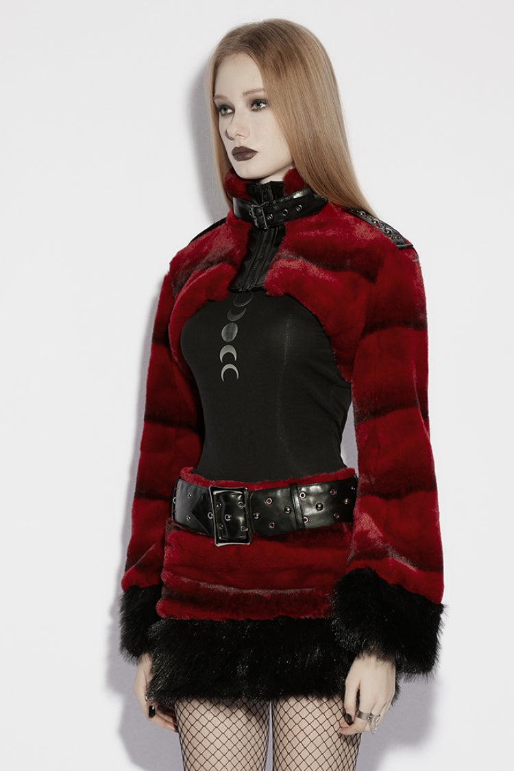 Red Stand Collar Long Sleeves Buckle Straps Faux Fur Punk Short Cloak