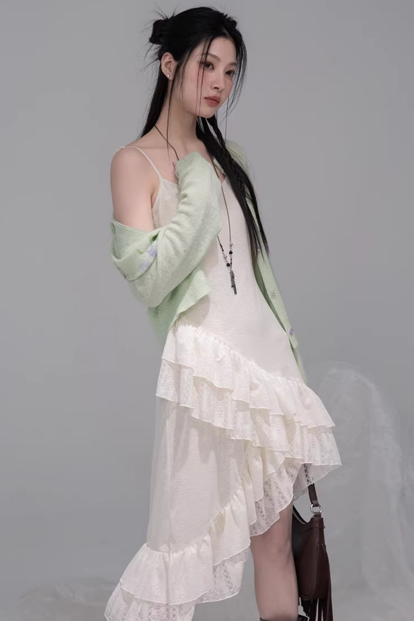 Asymmetrical Layered Ruffle Camisole Dress + Cardigan