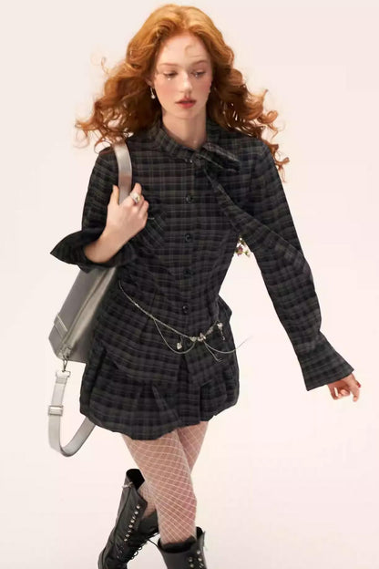Plaid Lace-up Top + Skirt