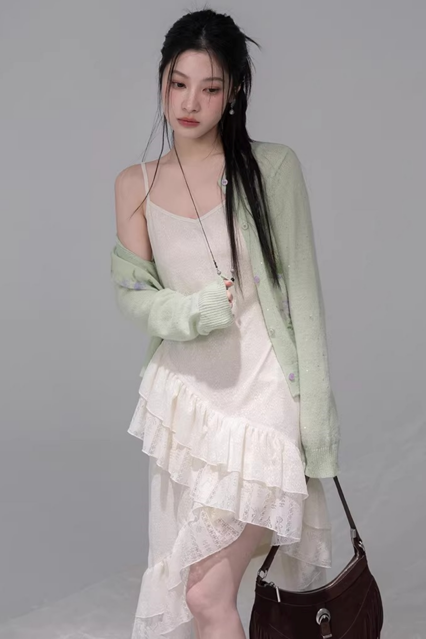 Asymmetrical Layered Ruffle Camisole Dress + Cardigan