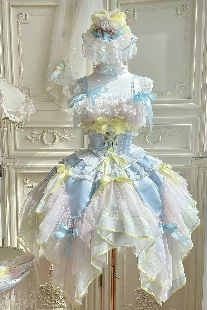 [pre-order Deadline: May 8] Pink X Green/blue X Yellow Fairy Princess Lolita Tulle Lace Bow Layered Dress