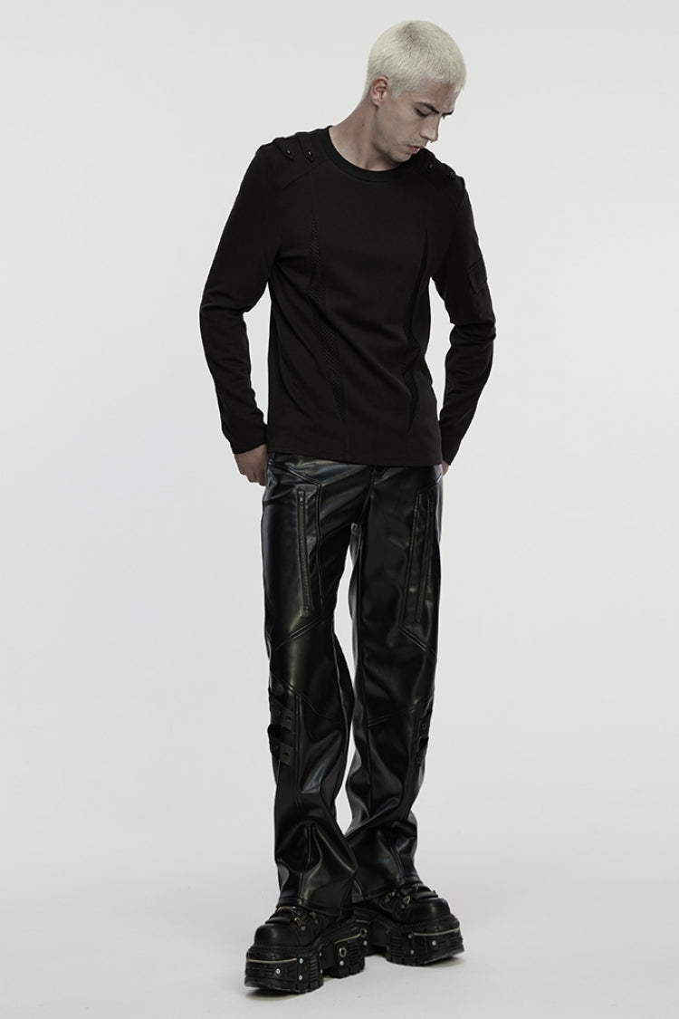 Black Round Collar Long Sleeves Cut-out Spliced Mesh Punk T-shirt