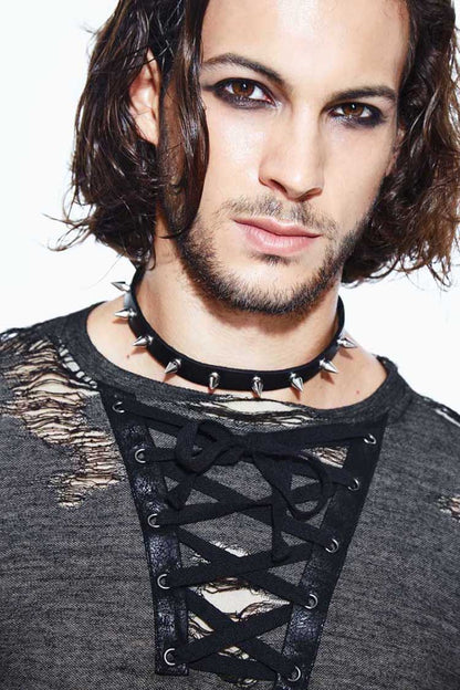Black Long Sleeves Broken Holes Chest Lace Up Loop Cuff Punk Shirt
