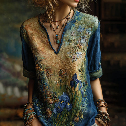 Iris And Sunflower Gradient Oil Painting V-neck Shirt elevenforest