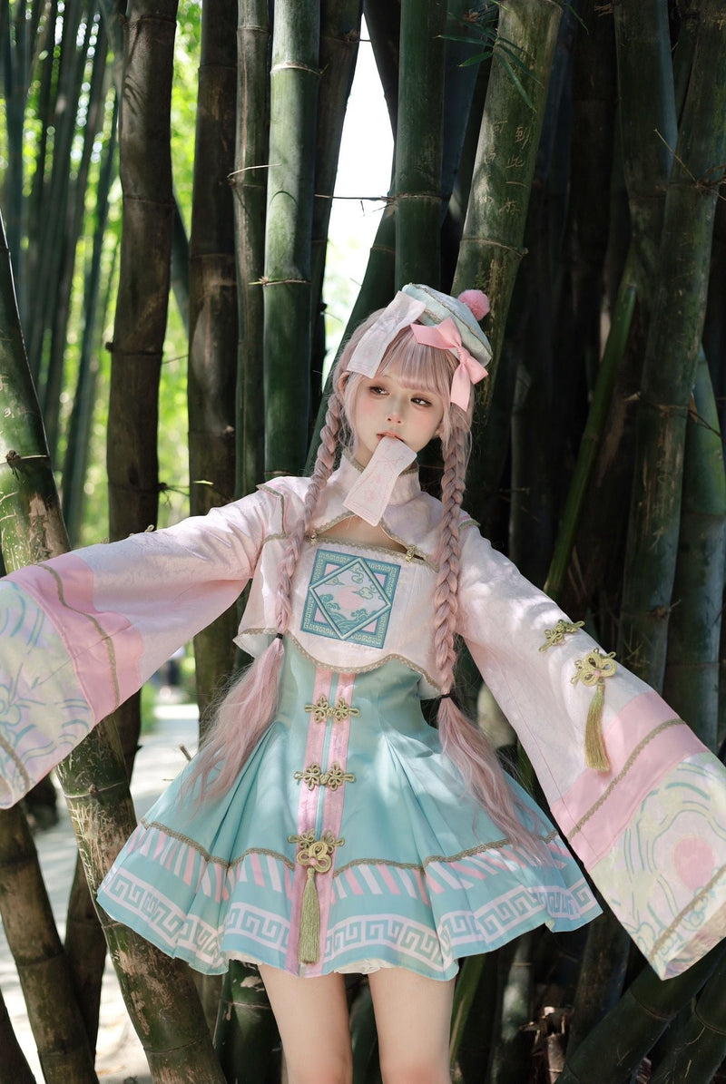 [pre-order] Little Jiangshi Pink Lolita Sweet Dress + Jacket + Hat + Ribbon