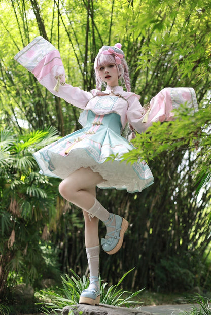 [pre-order] Little Jiangshi Pink Lolita Sweet Dress + Jacket + Hat + Ribbon