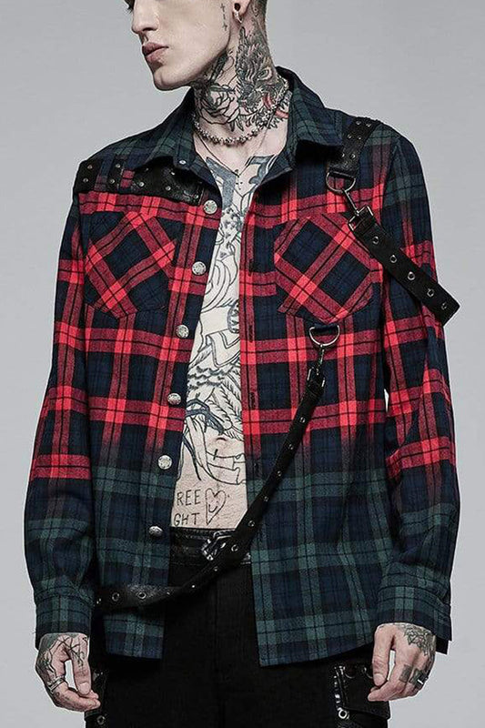 Red/green Punk Plaid Simple Leather Loops Cotton Asticity Shirt