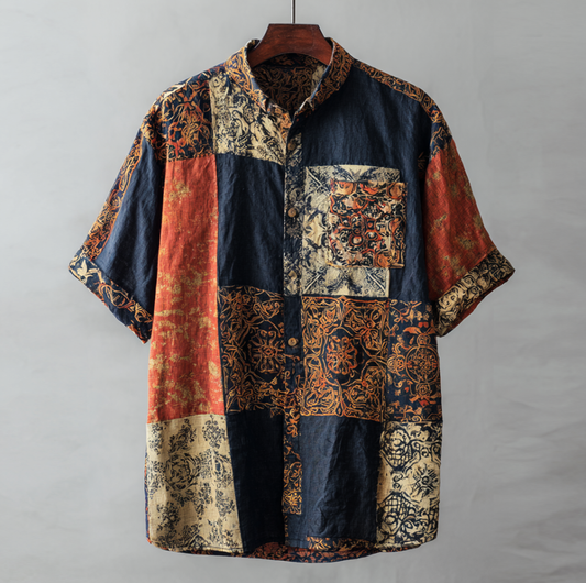 Western Style Bohemian Plant Flower Pattern Color Block Patchwork Retro Cotton And Linen Men's Shirt elevenforest