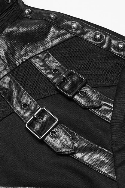 Black Stand Collar Long Sleeves Rivet Buckle Straps Eyelet Punk Blouse