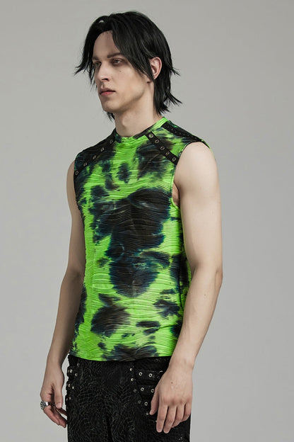 Black/green Stand Collar Sleeveless Tie-dyed Punk Vest