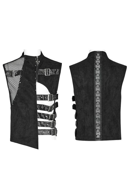 Black Sleeveless Hollow Suede Leather Stitching Irregular Gothic Vest
