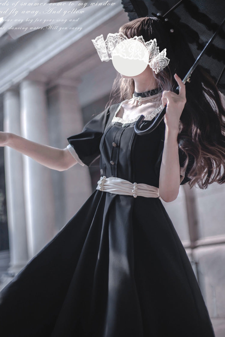Black [random Thoughts] Square Collar Short Sleeves Ruffle Classic Lolita Dress