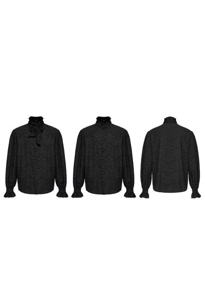 Black Stand Collar Long Puff Sleeves Jacquard Print Gothic Blouse With Necktie