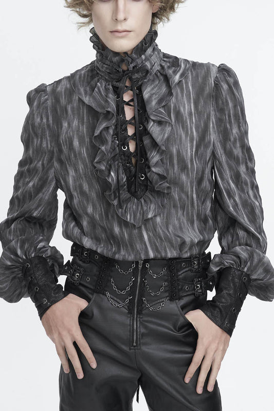 Black/grey Ruffle Stand Collar Print Lace-up Gothic Blouse