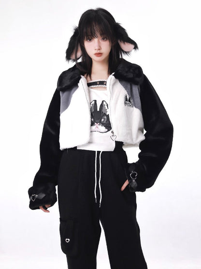 Rebel Sweet Heart Short Fur Jacket Design Top Pants Set