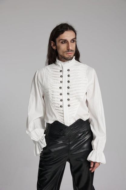 White Stand Collar Beast Buckle Long Sleeves Ruffle Gothic Blouse