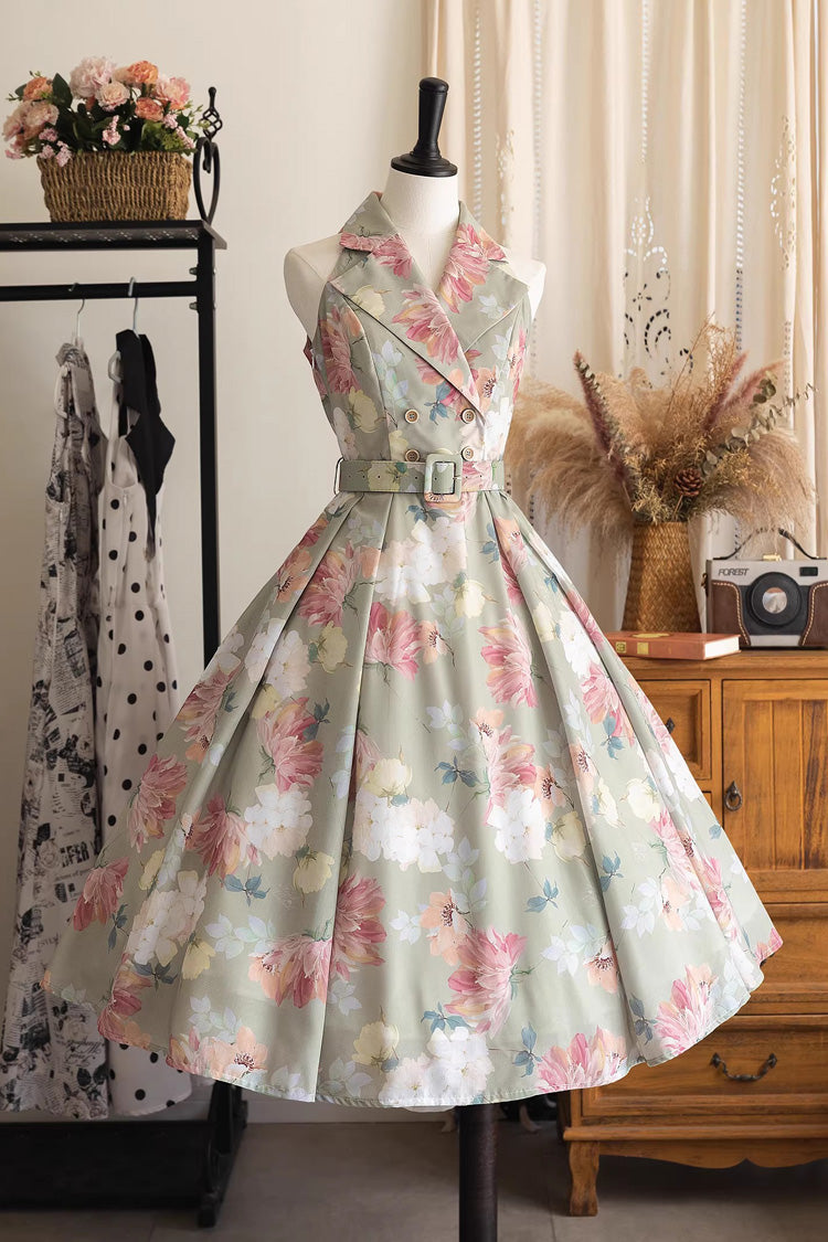 [afternoon Forest] French Audrey Hepburn Style V Collar Sleeveless Printed Classic Lolita Dress 3 Colors