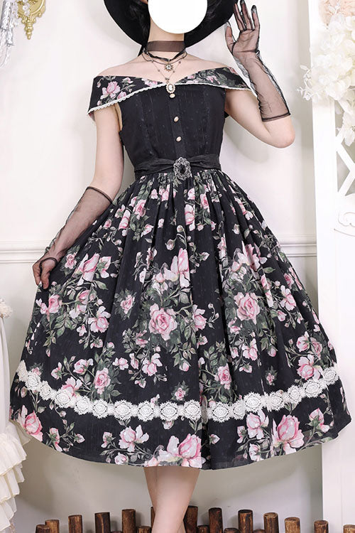 Black French Rose Print V Collar Sleeveless Ruffled Classic Lolita Jsk Dress