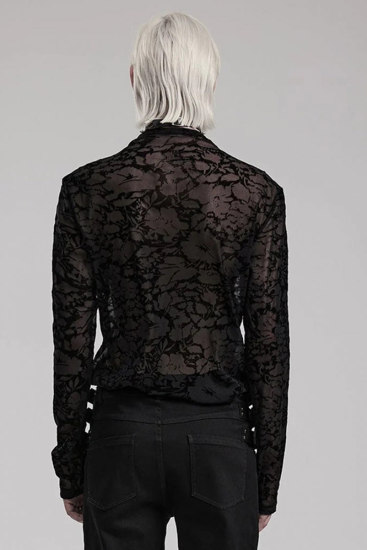 Black Long Sleeves Print Sheer Mesh Gothic T-shirt