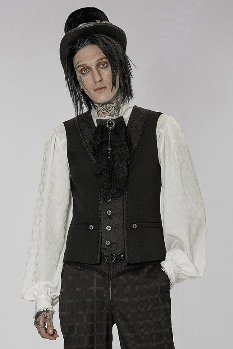 Black Punk Jacquard V-neck Stitching Three Dimensional Engraving Hand Sewn Button Lace Short Vest