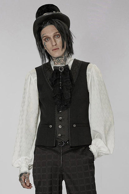 Black Punk Jacquard V-neck Stitching Three Dimensional Engraving Hand Sewn Button Lace Short Vest