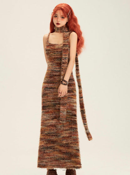 Contrast Color Striped Suspender Knit Dress