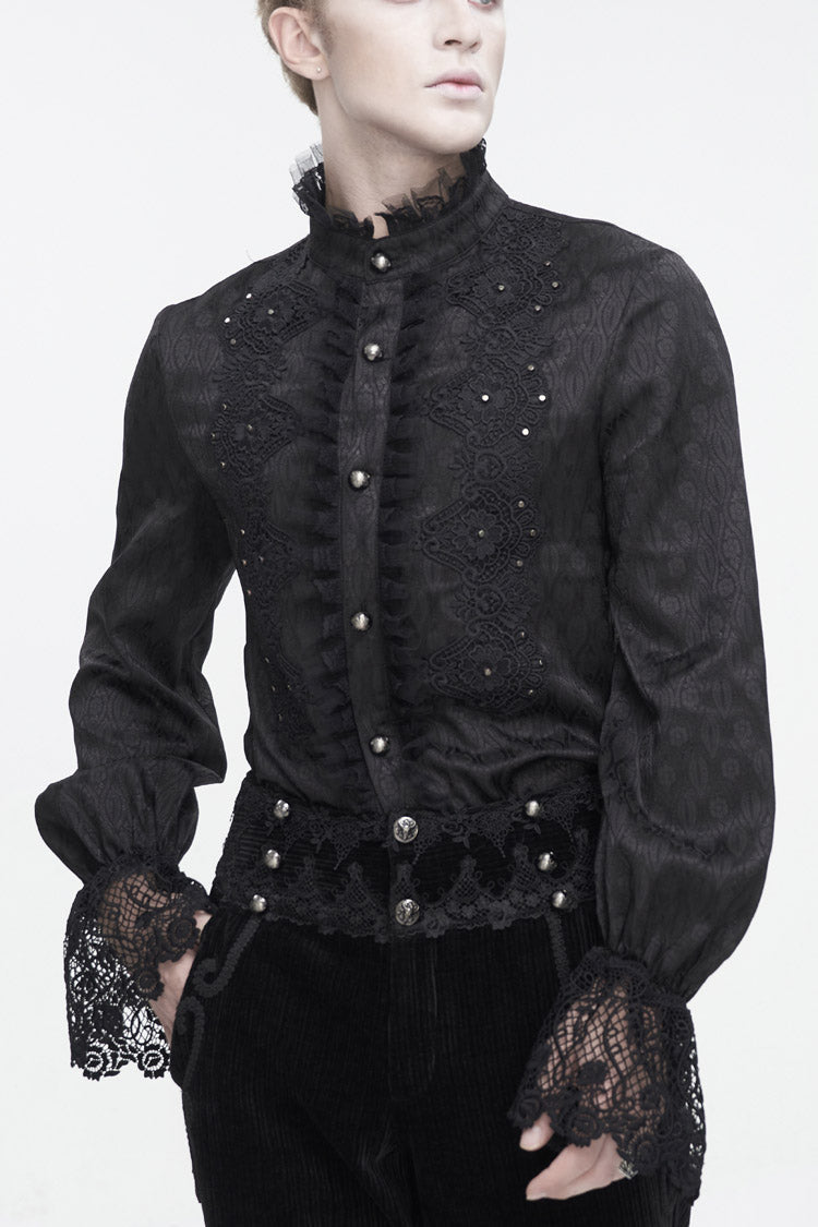 Black Stand Collar Puff Sleeved Lace Splice Gothic Shirt