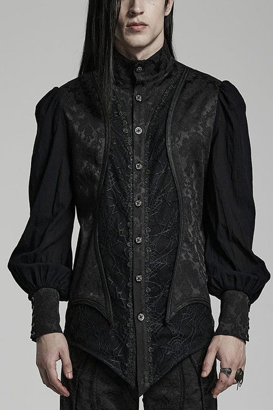 Black Stand Collar Long Puff Sleeves Jacquard Print Lace Gothic Blouse