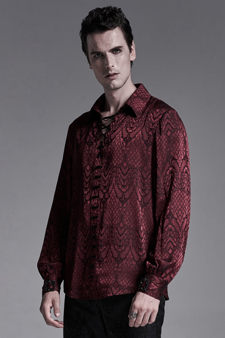 Jacquard Long Sleeve Front Metal Eyelets Lace Up Metal Carving Buckle Cuff Gothic Shirt 3 Colors