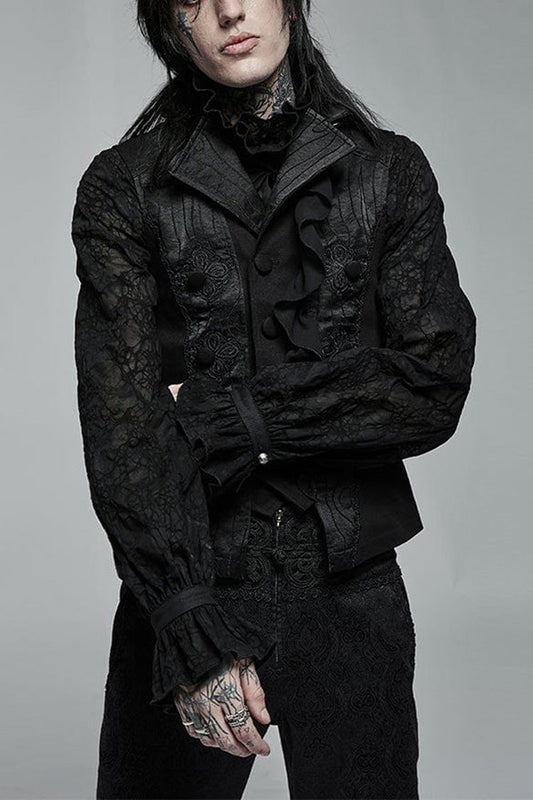 Black Gothic Noble Jacquard Embroidery Pleated Ruffle Delicate Buttons Decoration Vest