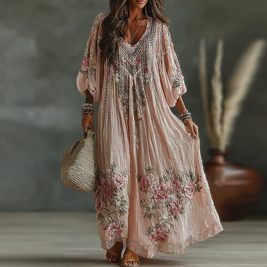 Women's Vintage Floral Art Flowy Linen Blend Casual Long Sleeve Maxi Dress elevenforest