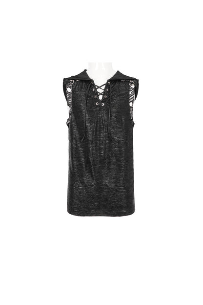 Black Strappy Mesh Splice Punk Vest With Hood