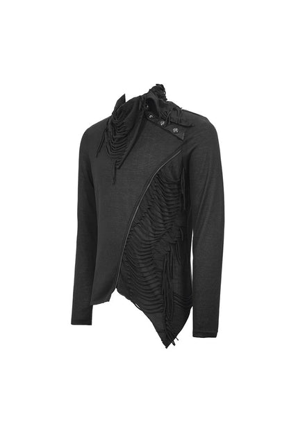 Black Ragged Turn-down Collar Woolen Long Sleeve Irregular Hem Punk T-shirt